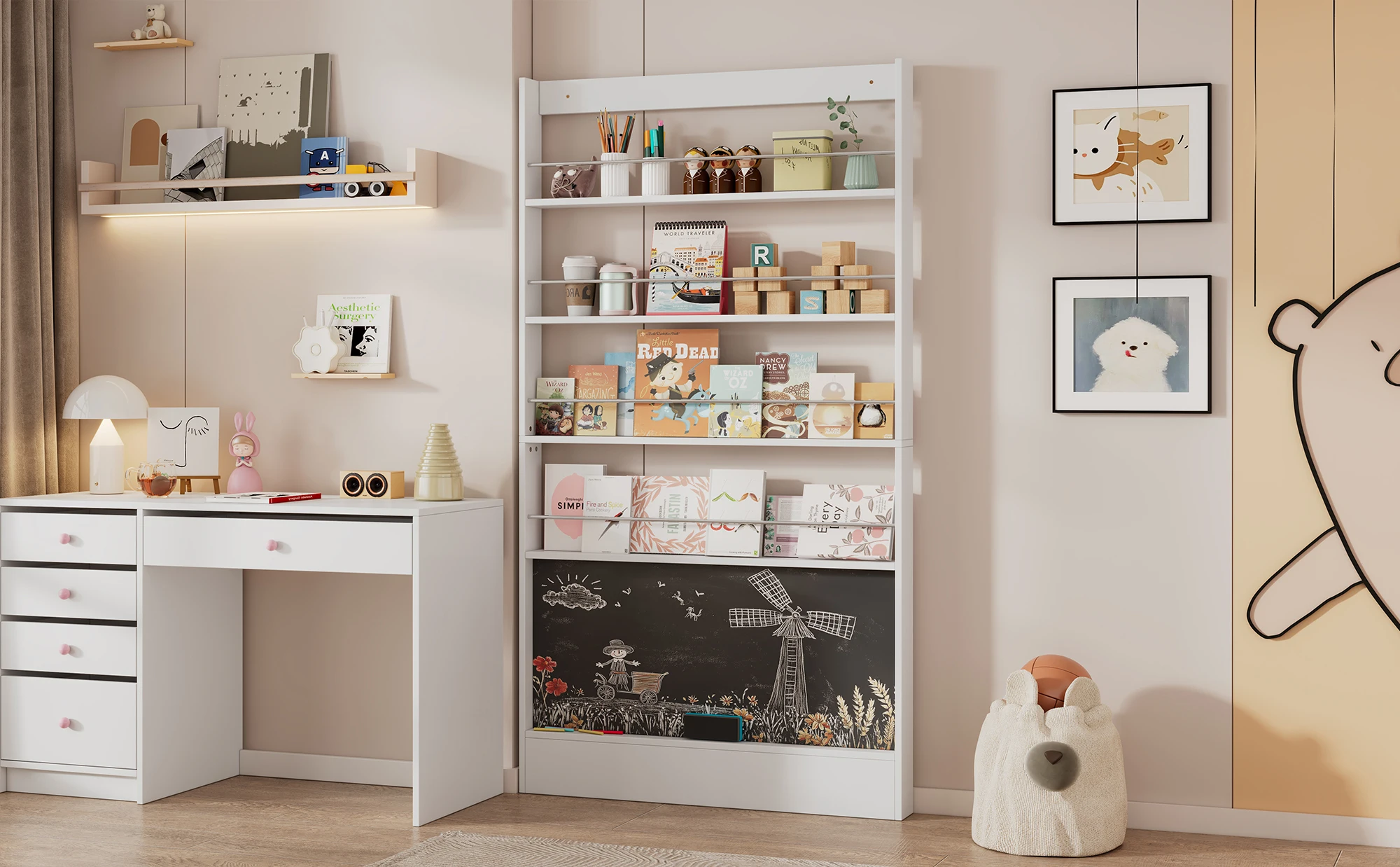 Modernes Bilder-Bücherregal, Ausstellungsregal, Bücherregal, Kinderzimmer-Bücherregal, 4-kantiges Lagerregal + bemalbare Tafel – Detail 1