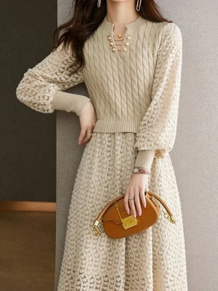 

Long Dresses for Women Autumn Winter Patchwork Knitted Dress New in Knitted Sweater Dress Long Sleeve Dresses Women's Clothing