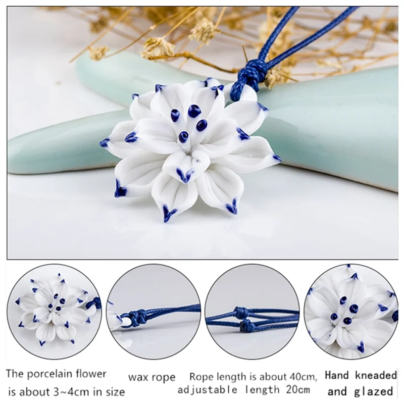 Jingdezhen Ceramic Pendant National Wind Necklace Blue and White Porcelain Bauhinia Lotus Hand-kneaded Sweater Chain