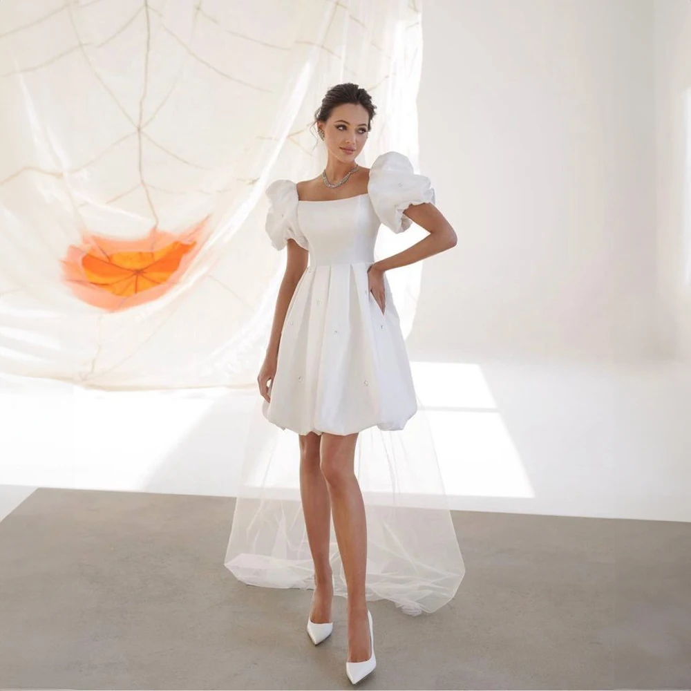 

Square Collar Satin Elegant Wedding Dress Short Mini Pleat Birdal Gown with Ruff Sleeve Wedding Gown for Women robe de mariée
