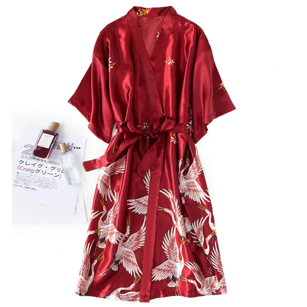 Women Bathrobe Ice Silk Bird Print Satin Lace up V Neck Half Sleeve Cardigan Nightgown Bride Morning Dressing Gown Sleepwear