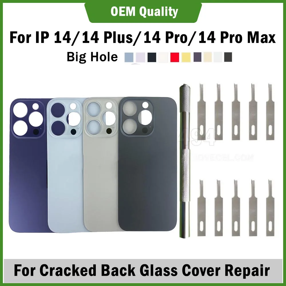 

2pcs OEM Large Hole 14 Plus Pro Max Back Glass Battery Cover Replacement for Cracked Cellphone Housing Rear Repair Blade Tools