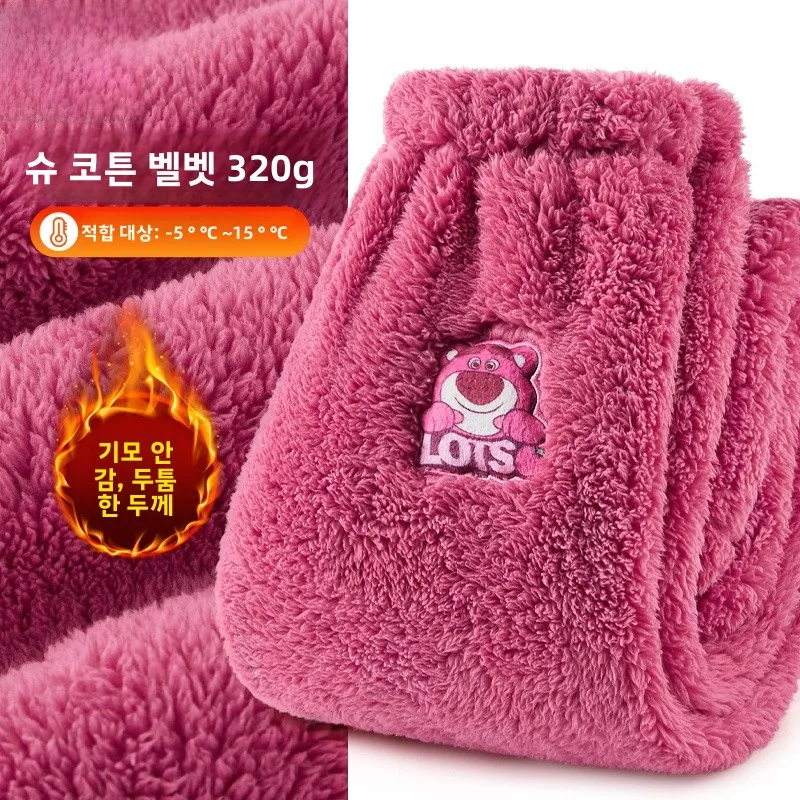 디즈니 어린이 딸기곰 양면 양털 따뜻한 바지 가을 겨울 소녀용 보온 잠옷 폴리에스터 섬유