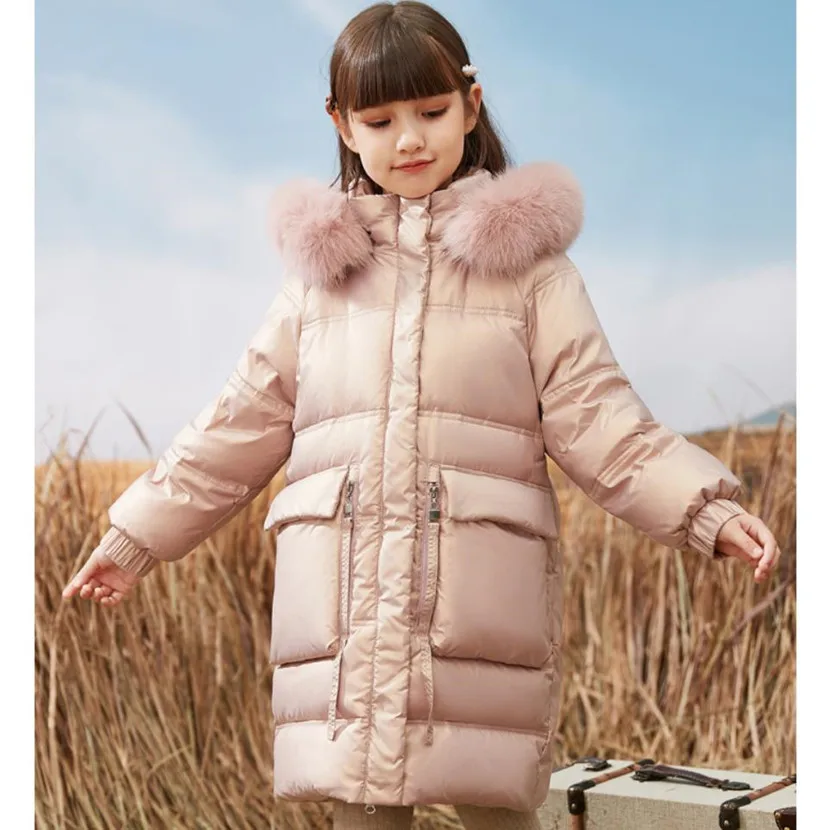 

2022 Winter Glossy Children's Down Jacket Real Fur Collar Hooded Outwear Windproof Waterproof Warm Girls Christmas Coat A2067
