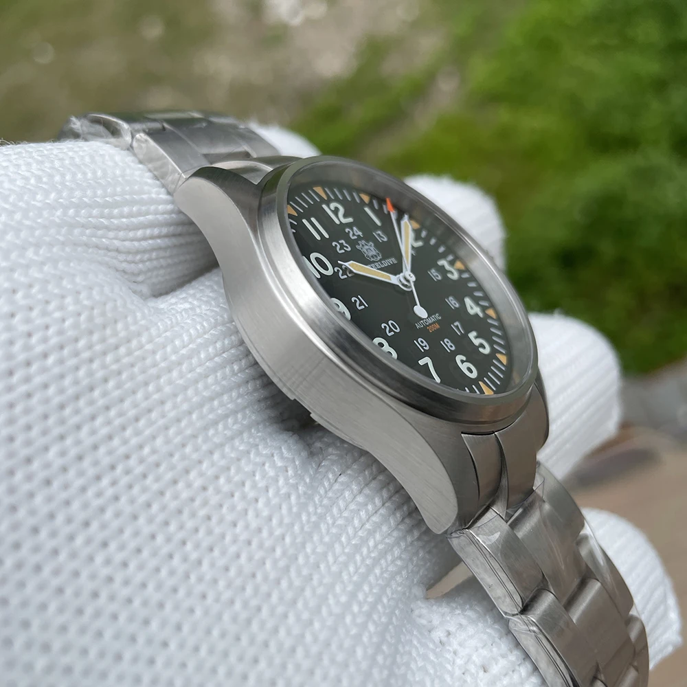 STEELDIVE 브랜드 SD1928H 블랙 다이얼, 39mm 스테인리스 스틸 케이스, NH35 자동 무브먼트, 10mm 크라운 파일럿 시계, 200m 방수