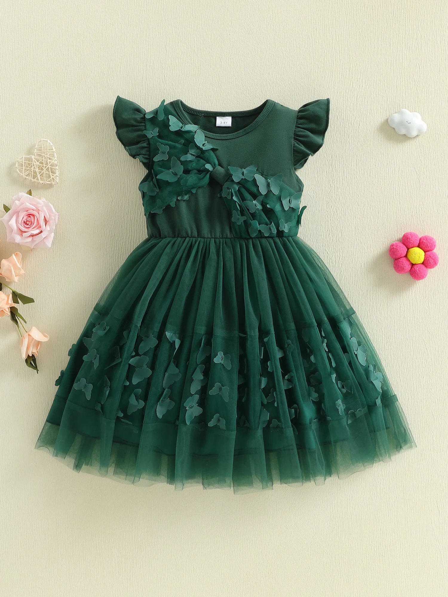 Adorable Baby Girl Summer Dress with A-Line Silhouette Butterfly Embellishments Crew Neck and Fluttery Mesh Sleeves
