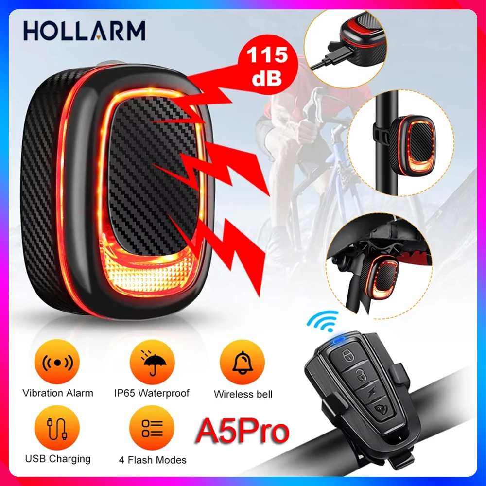 Bicycle Alarm Rear Light Hollarm Bicycle Burglar Smart Auto Brake Sensing USB Charge Remote Control Waterproof Taillight