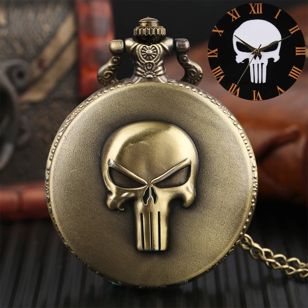 

Antique Necklace Pocket Watch Men Cool Skull Gift Bronze Full Hunter Chain Vintage Women Pendant Quartz Causal Pocket Clock