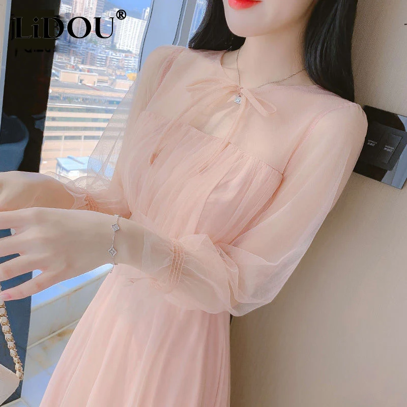 

Spring 2022 New Girl's Young Style Sweet Fresh Pink Organza Bow Lace Up A-line Dress Perspective Petal Long Sleeve Gauze Dresses