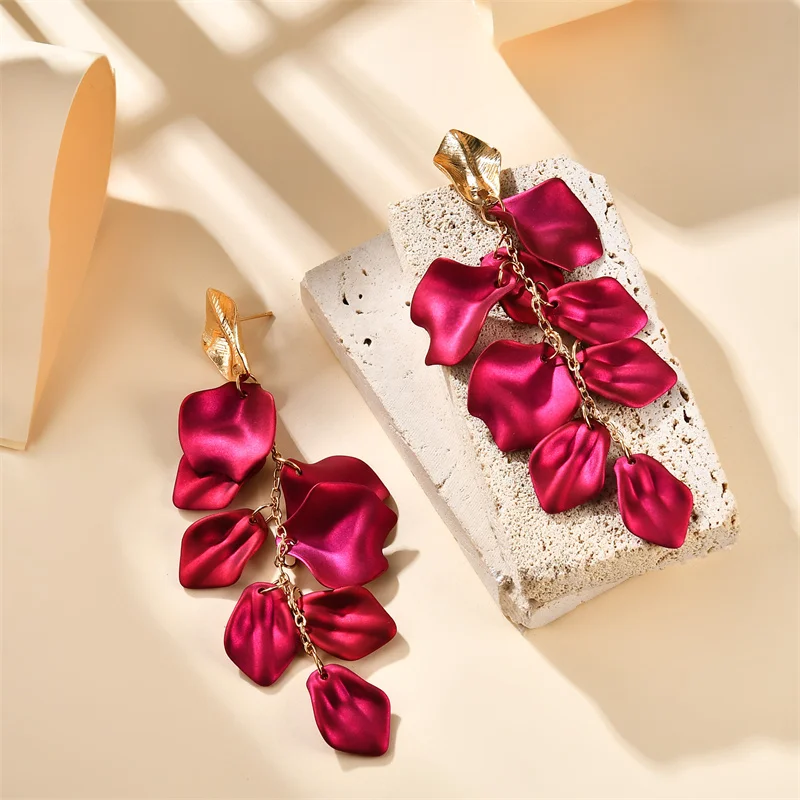 Gold Metal Leaf Acrylic Petal Tassel Earrings - Bold Floral Statement in Rose, Pink, and Orange