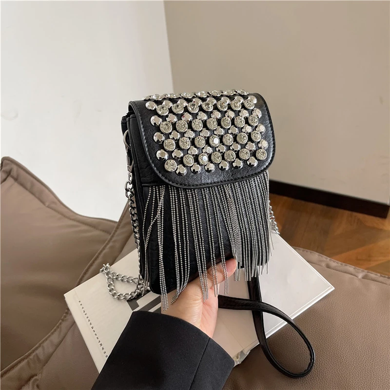 Quaste Umhängetasche einfarbig Pu Leder Damen tasche Luxus besetzt Diamant Handtasche Mode Mini kleine Umhängetasche – Detail 28