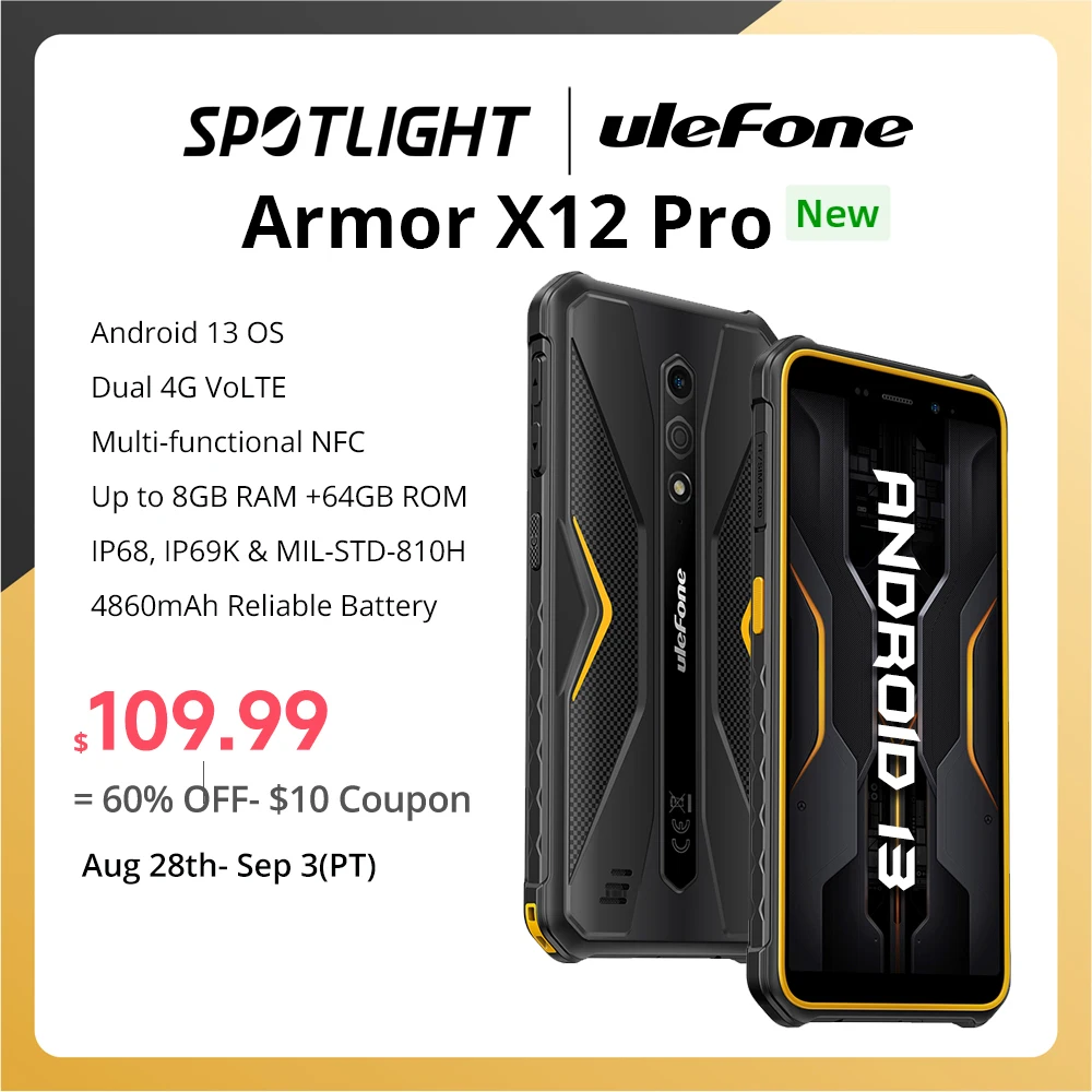  Ulefone Armor X12 Pro，Android 13 ，Up to 8GB+64GB ，4860mAh，13MP 5.45"4G NFC， Global Version，Dual 4G VoLTE，3-Card Slot 