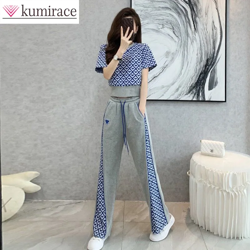 2023 New Sports and Leisure Set Women's Summer Fashion Style Short Sleeve Top Wide Leg Pants Two Piece Set Joggers Women Set