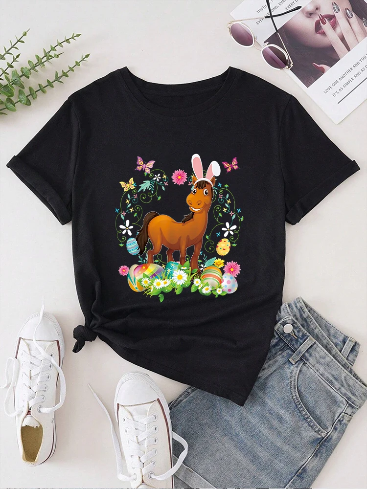 

Cute Horse Bunny Ears t shirt Summer Fashion Short sleeved T-shirt Tee Tops Printed O-neck Casual T-shirt Women's Clothing ﻿