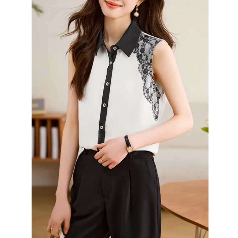 New 2024 Summer Contrast Color Turn-down Collar Button Satin Imitation Silk Fashionable Casual Shirt Women's Sleeveless Top