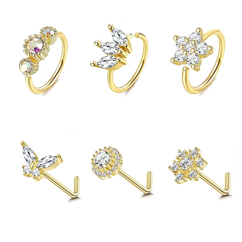 

Nose Rings Hoops Nose Studs for Women Men Nose Piercings Paved CZ Crystal L Shaped Flower Crown Butterfly Nose Piercing Jewelry