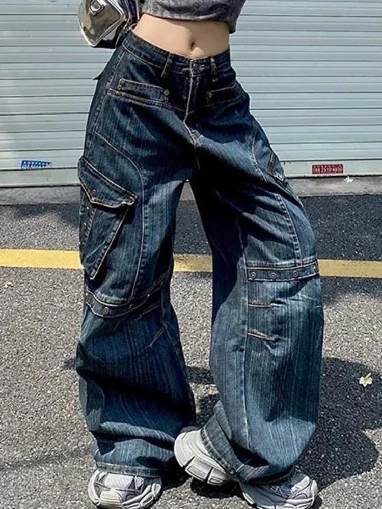 ADAgirl Cargo Pants Women Jeans Harajuku Vintage Oversize Pockets Straight Wide Leg Denim Trousers Y2k Kpop Mujer Slouchy Jeans