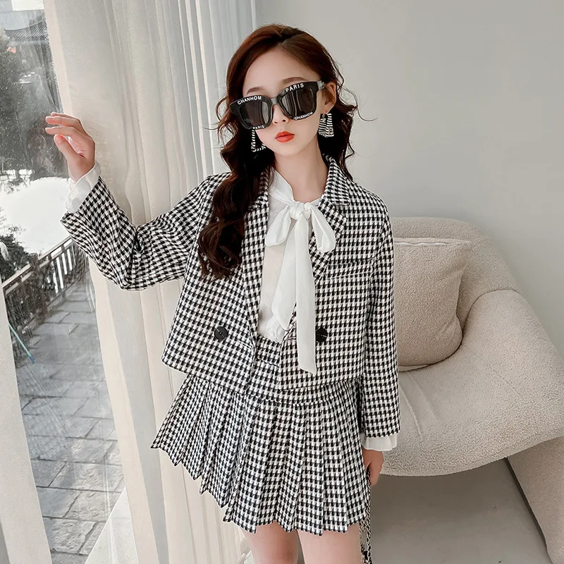 

3 шт., плиссированная юбка JK для девочек, элегантный повседневный костюм для подростков, блейзер + юбка + рубашки, комплект детской одежды, весенние наряды для девочек