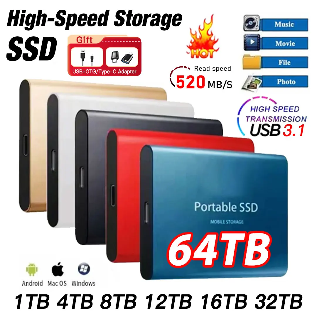 Disque dur externe portable pour Mac et téléphone, mini SSD à semi-conducteurs, disque dur, disque dur, USB 3.1, HDD, 1 To, 2 To, nouveau, 2024
