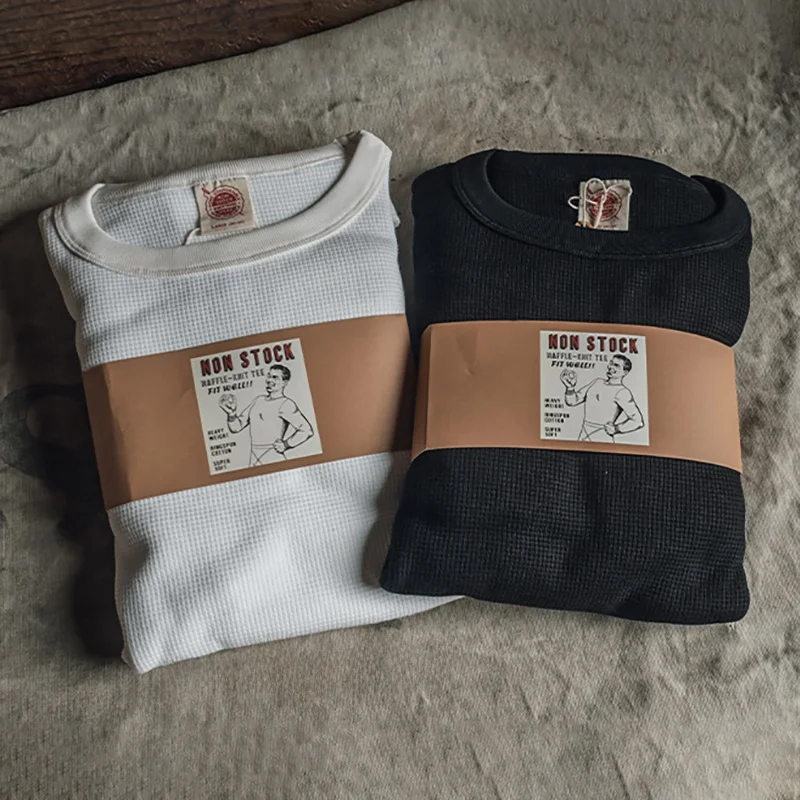 Warmth American Retro Men's Long Sve T-irt Heavyweight Cotton Wfle Pattern Base irt Youth Faion Casual Sle round...