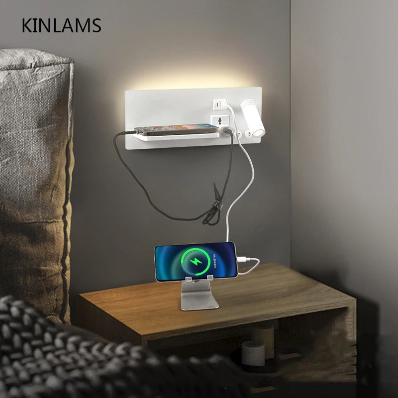 USB Wall Lamp Living Room Reading Wall Light Bedroom Creative Bedside Lamp Wireless Charging Store Indoor Bedside HotelLamp