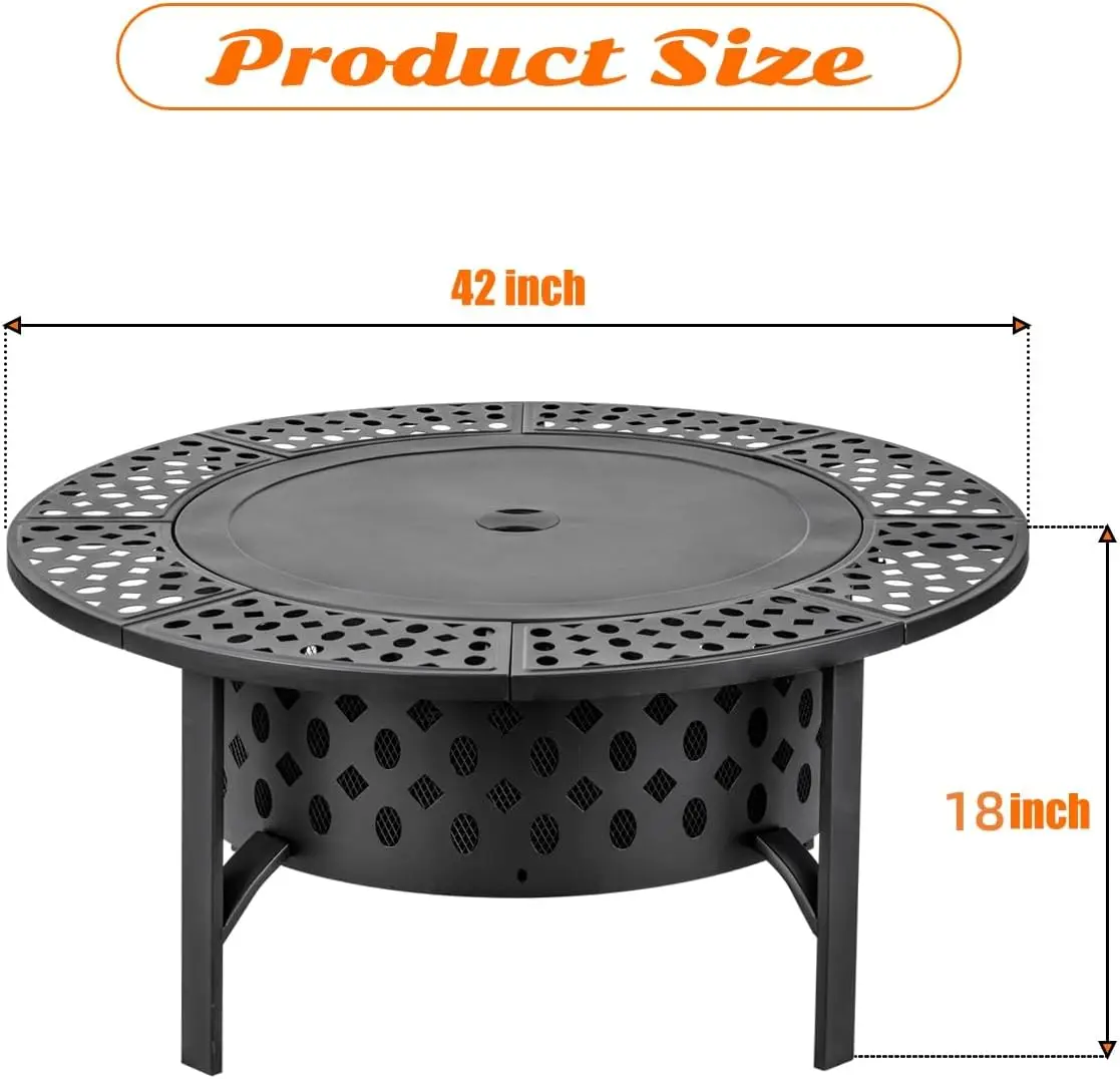 42 Inch Fire Pit with 2 Grills, Extra Large Wood Burning Fire Pits for Outside with Lid & Poker, Heavy Duty Firepit,BBQ& Outdoor