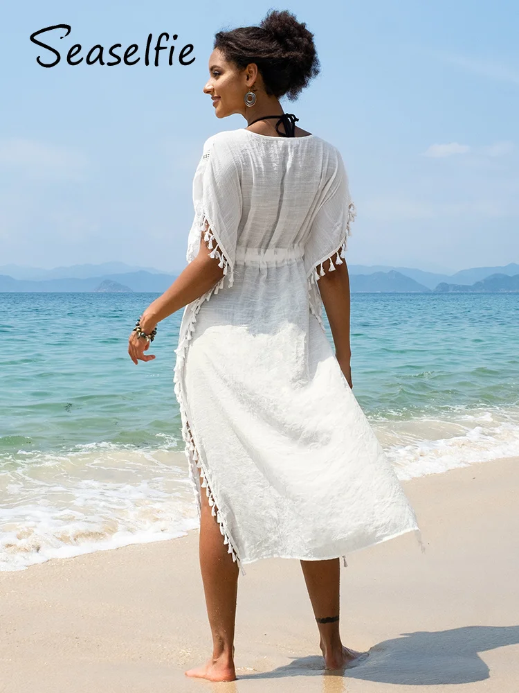 SEASELFIE v 넥 술 비키니 커버 여성용 화이트 드로우 스트링 허리 루스 비치 Kaftan 2024 Holiday Midi Dress Beachwear
