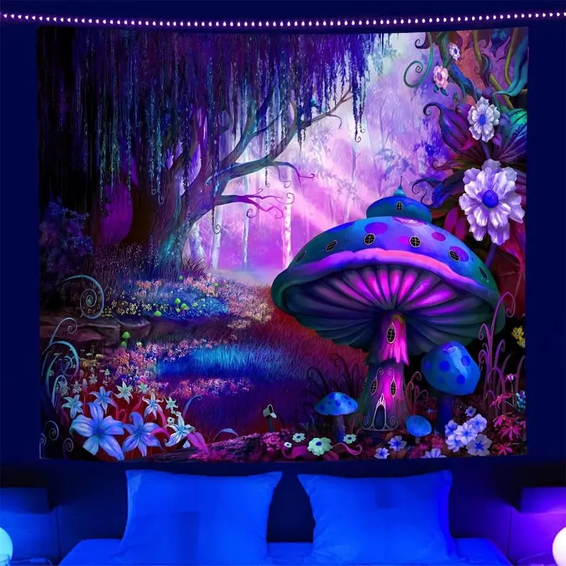 

Fairy Tale Forest Flourescent Tapesties Mushroom UV Reactive Tapestry Wall Hanging Colorful Blacklight Tapestry Home Dorm Decor