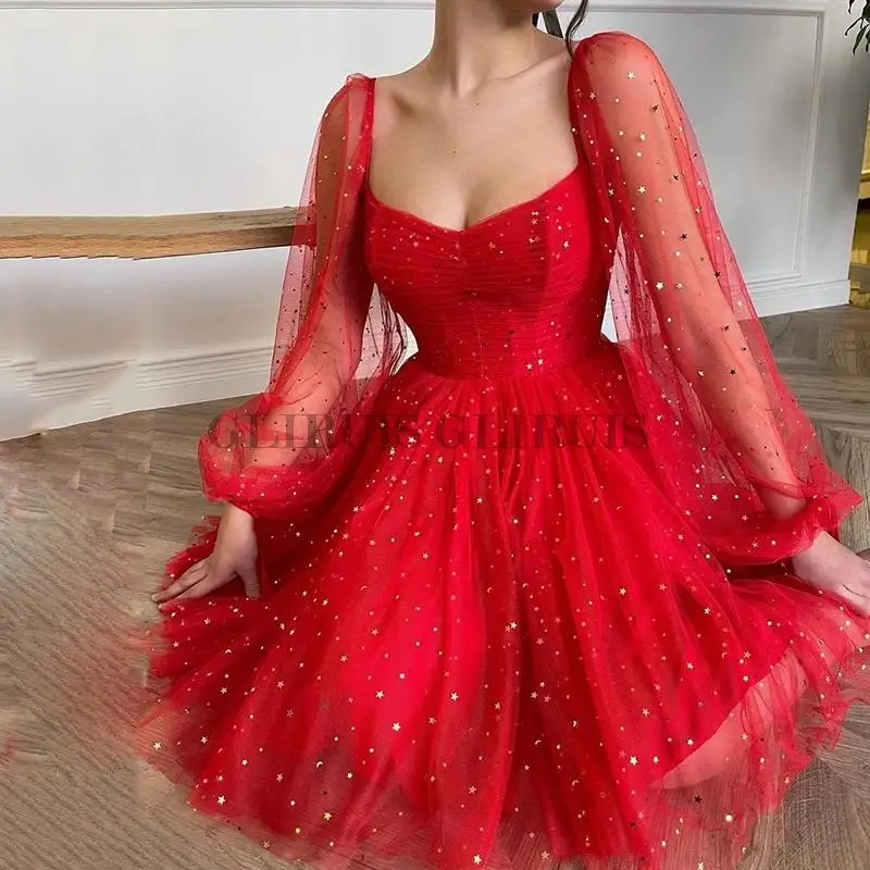 

Red Long Sleeve Gold Starry Short Prom Dresses Modest Cheap Homecoming Dress Knee Length Formal Evening Gowns Vestidos