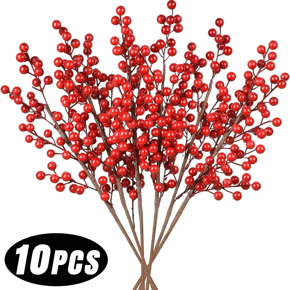 Artificial Red Berry Flores Ramos, Fake Planta Stamen Bouquet, Casa, Natal, Festa de Ano Novo, Decoração de Mesa Suprimentos, 1Pc, 10 Pcs