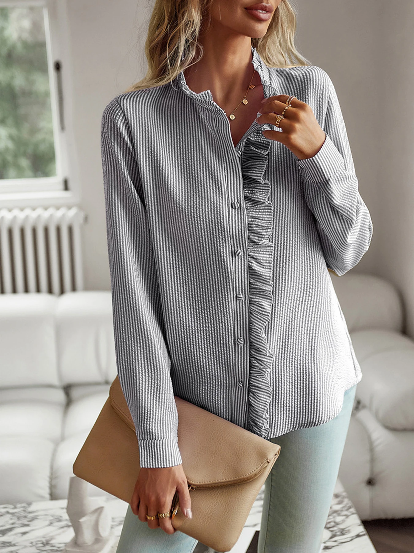 Neuer Stil 2024, Temperament-Pendlerbluse, Strickjacke, gekräuselt, langärmelig, Puffärmel, Hemdbluse für Damen – Detail 7