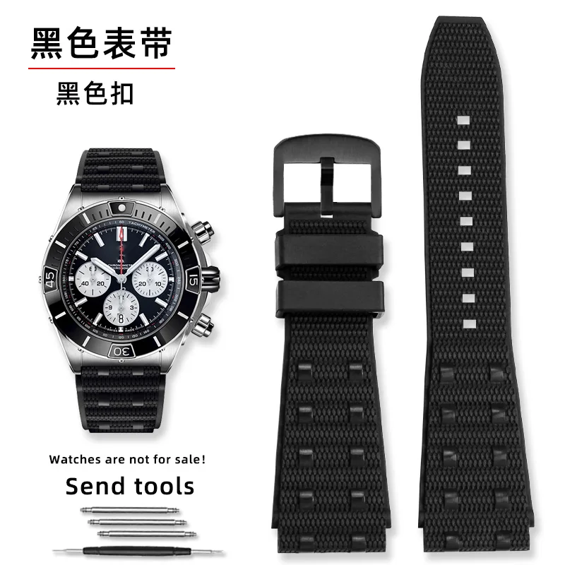 Premium Rubber Watch Strap - Durable Fluororubber in Black & Blue, 22mm/24mm