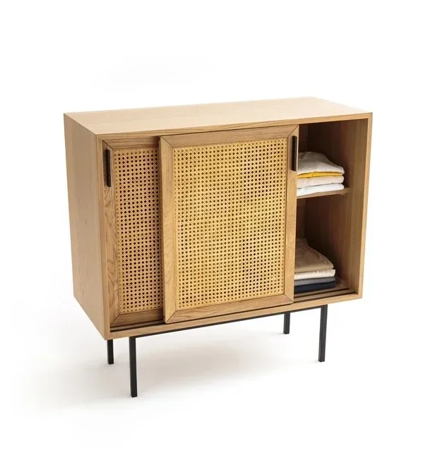 

Wooden Wardrobe and Rattan Sideboard with Cane Door