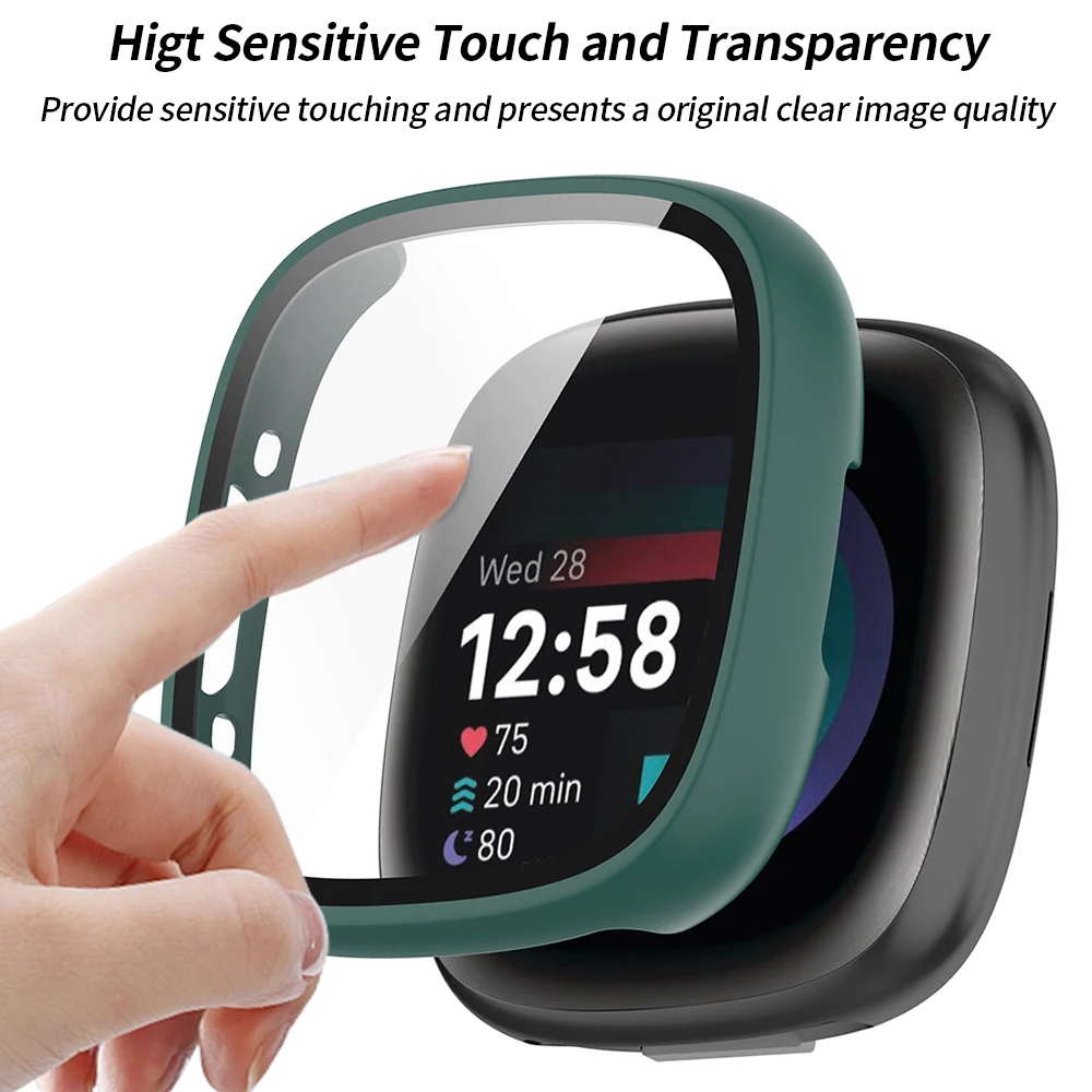 Glass+Case for Fitbit Versa 4 Watch Protective Bumper Hard PC Waterproof Shell HD Screen Protector for Versa Sense 2 Watch Cover