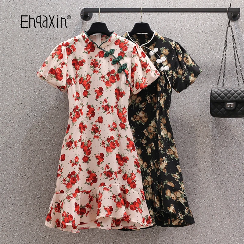 

EHQAXIN 2022 Summer New Ladies Dresses Retro Improved Floral Cheongsam Dress Elegant Chiffon Fishtail Dress For Female M-4XL