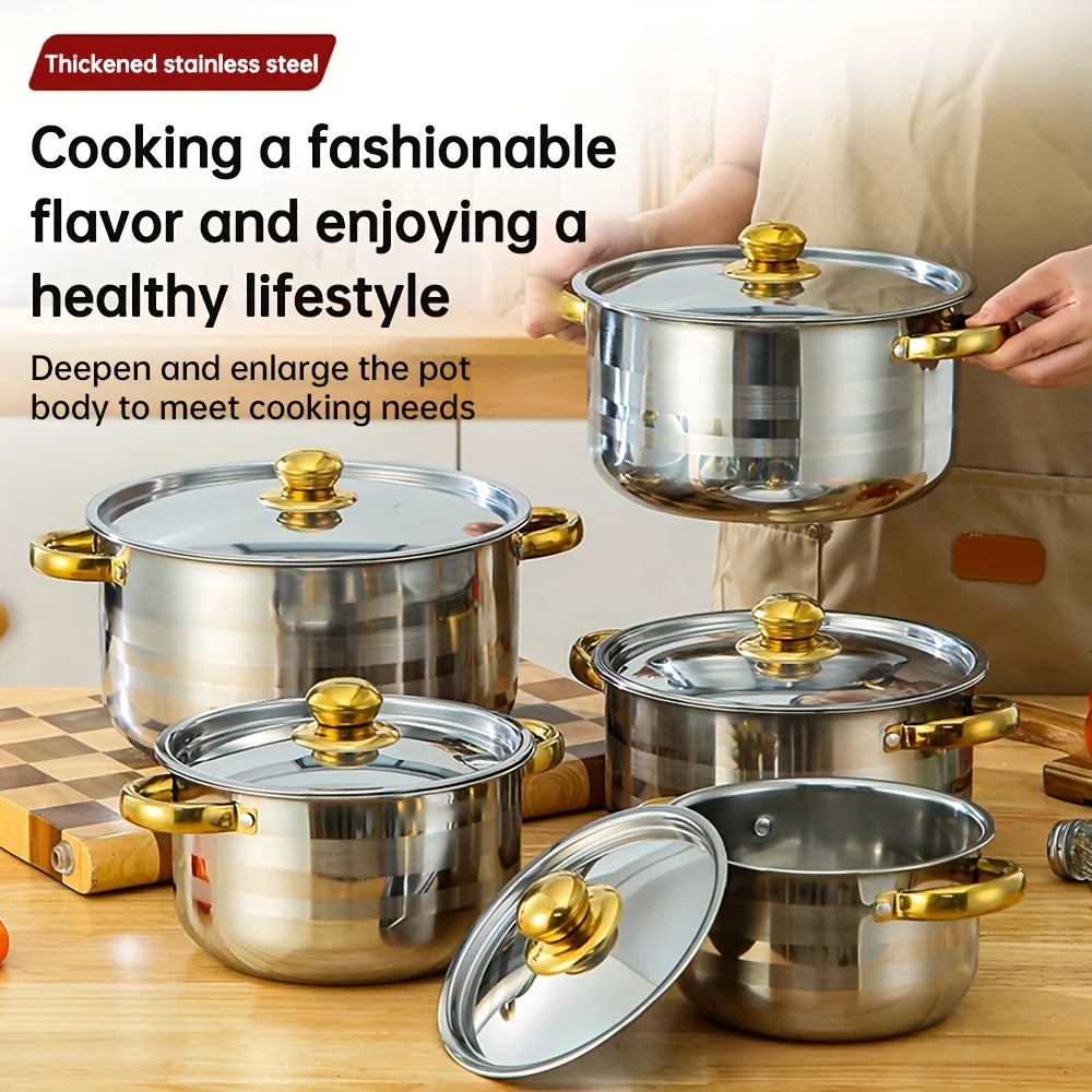 Stainless steel cooking pot, 5 pots+5 lids, stainless steel double handle with lid, deep soup pot, suitable for home and restaur