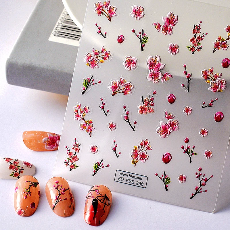 

New Craft Plum Blossom 5D Nail Art Stickers Gummed Embossed Flower Designs Decals Sliders For Nails Decoration Manicure Supplies