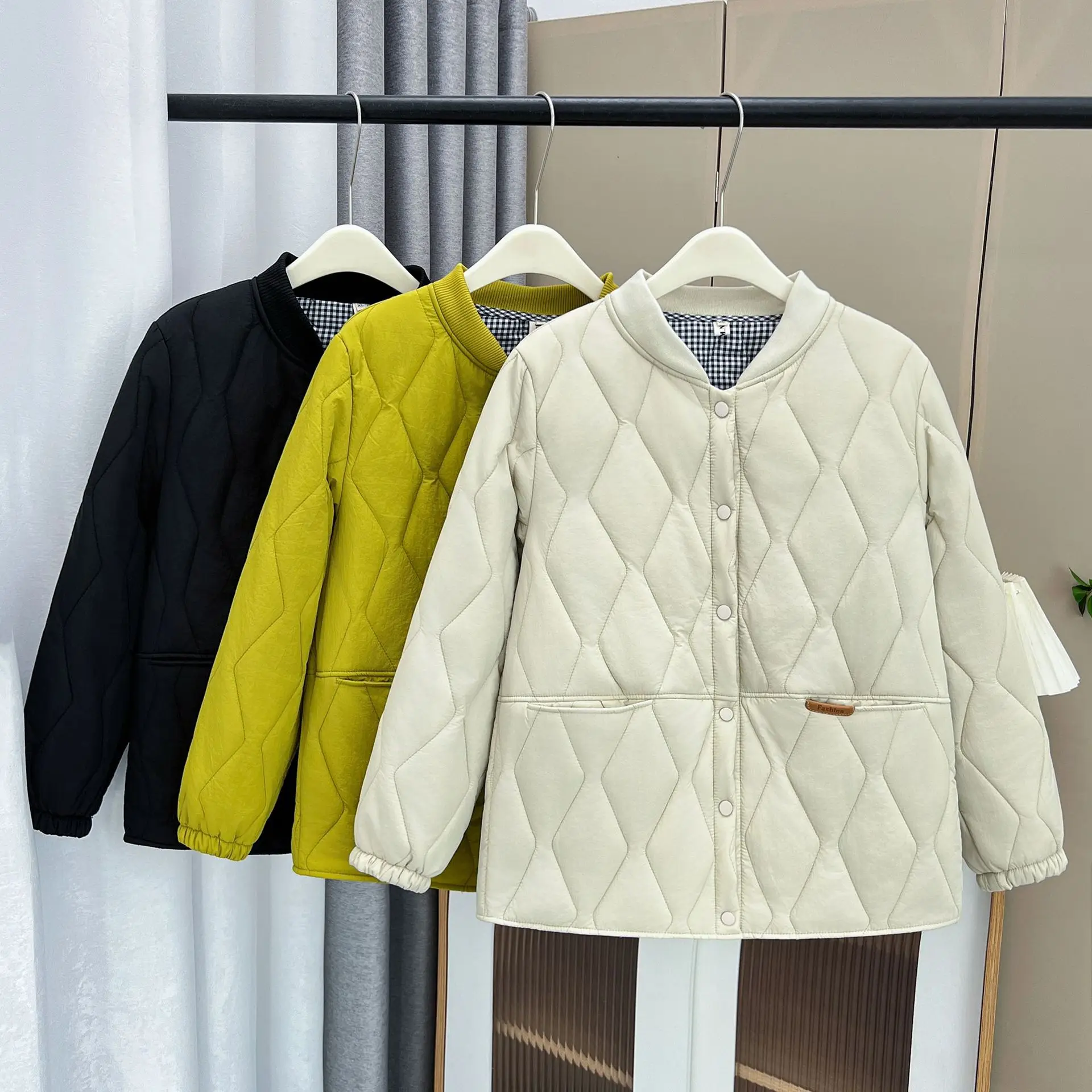 Autumn Winter 100kg Simple Thin Cotton-padded Jacket Plus Size Women's Warm Argyle Parka