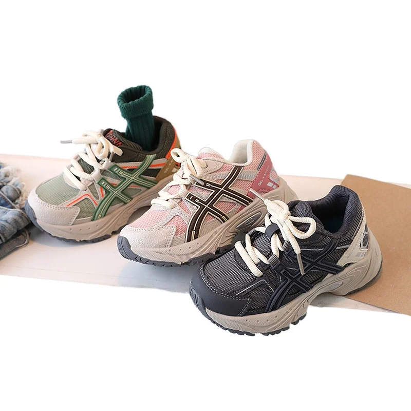 

Boys Girls Black Khaki Genuine Leather Breathable Chunky Sneakers Children's Running Shoes Kids Sport Shoes