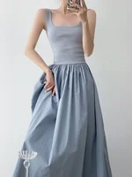 new Summer Patchwork Sleeveless Dress Vintage Female Fashion Casual Holiday Dress For Women Square Neck Long Party Dresses - Image 2