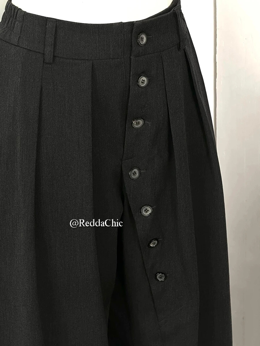 REDDACHiC Irregular Buttons Dress Pants Women Men Black Elastic Waist Wide Leg Pleated Front Suit Trousers Work Casual Clothes 4