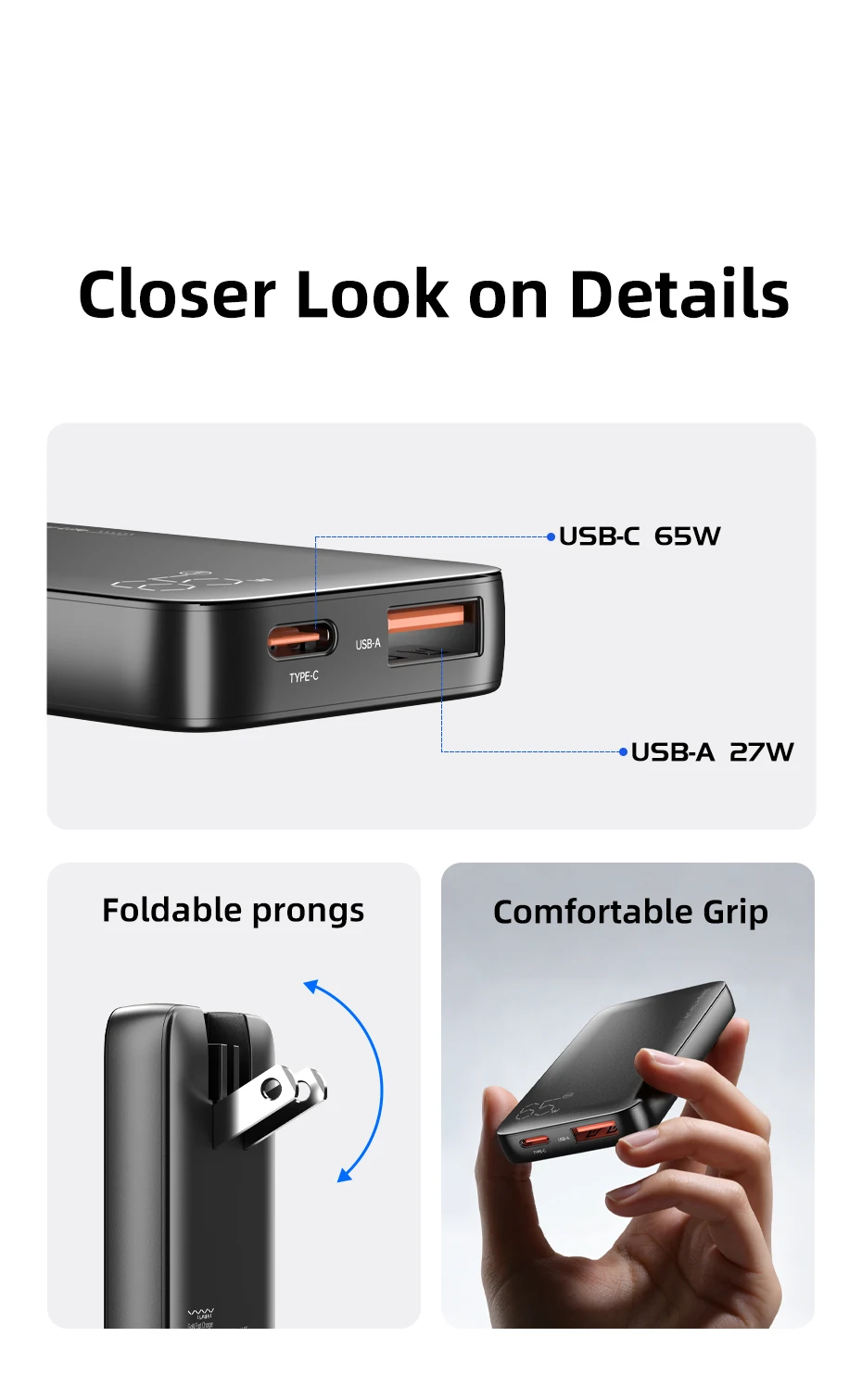 Vyvylabs 65 W ultraschlankes GaN-Ladegerät, faltbar, US/EU/UK-Stecker, USB Typ C, Dual-Port, schnelles Aufladen für MacBook, Laptop, Samsung, iPhone – Detail 13