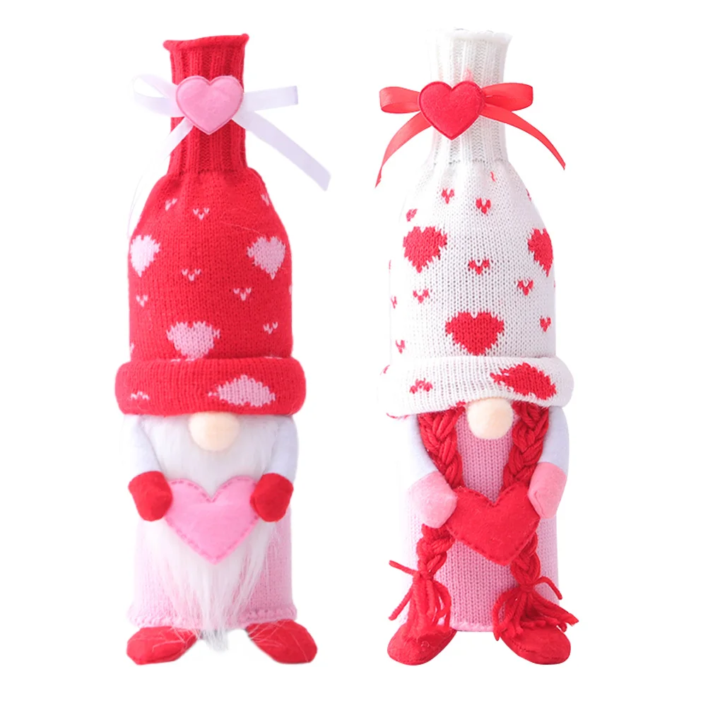 

Valentine's Day Wine Bottle Decors Bottle Covers Holders Gnome Doll Bottle Cloths Toppers Heart Pink Wedding Decorations