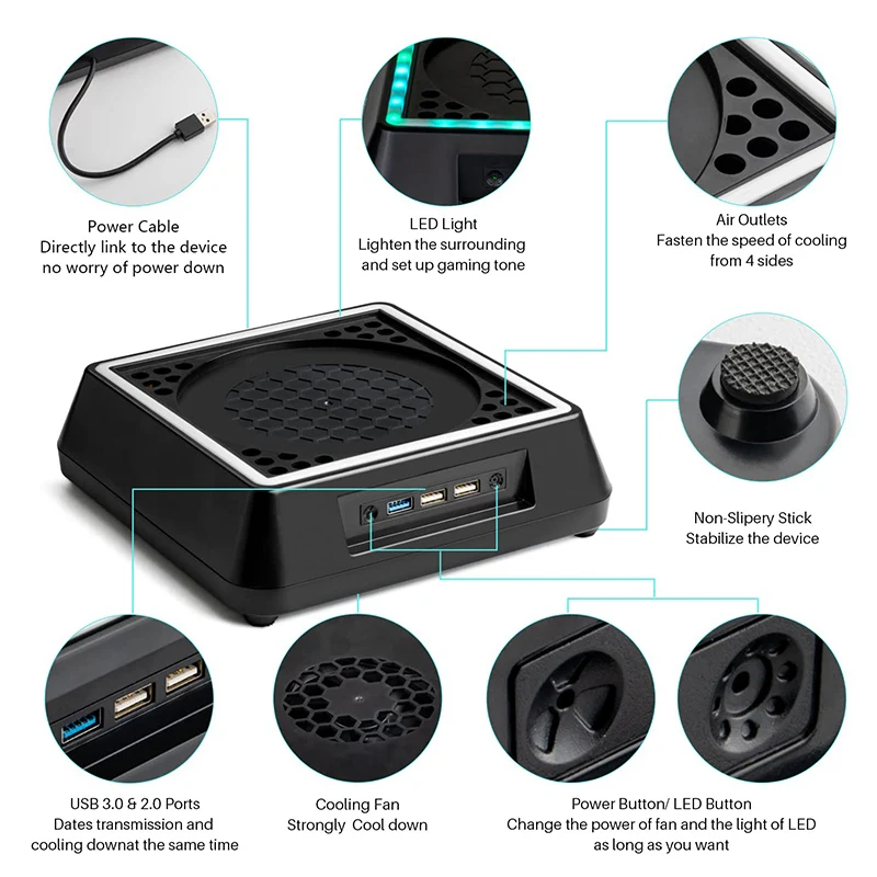 New Vertical Stand Cooler for Xbox Series X Game Console Build in Cooling Fan with 7 Color LED Station 3 USB Ports Dock Mount