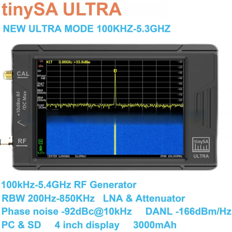 

Новый ручной миниатюрный анализатор спектра TinySA ULTRA 100K-5,3 ГГц с батареей, 4-дюймовый дисплей TFT