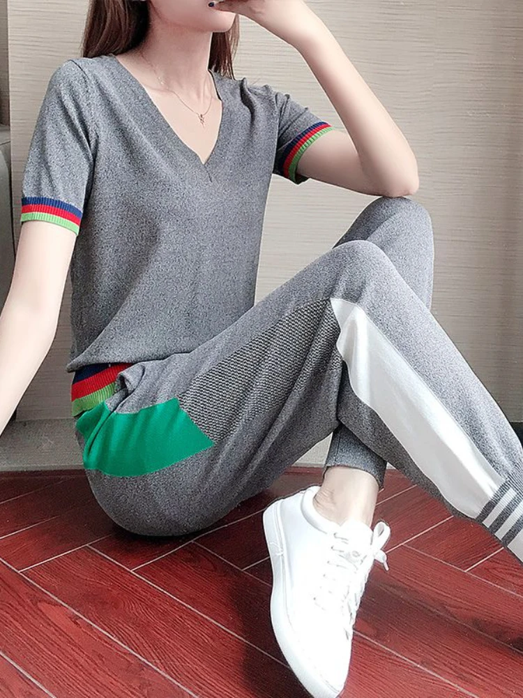 2022 New Summer Womens Tracksuit Set Lady Sportswear Suit Two Piece Set Jumpsuit Short Sleeve V-neck Pullover Long P
