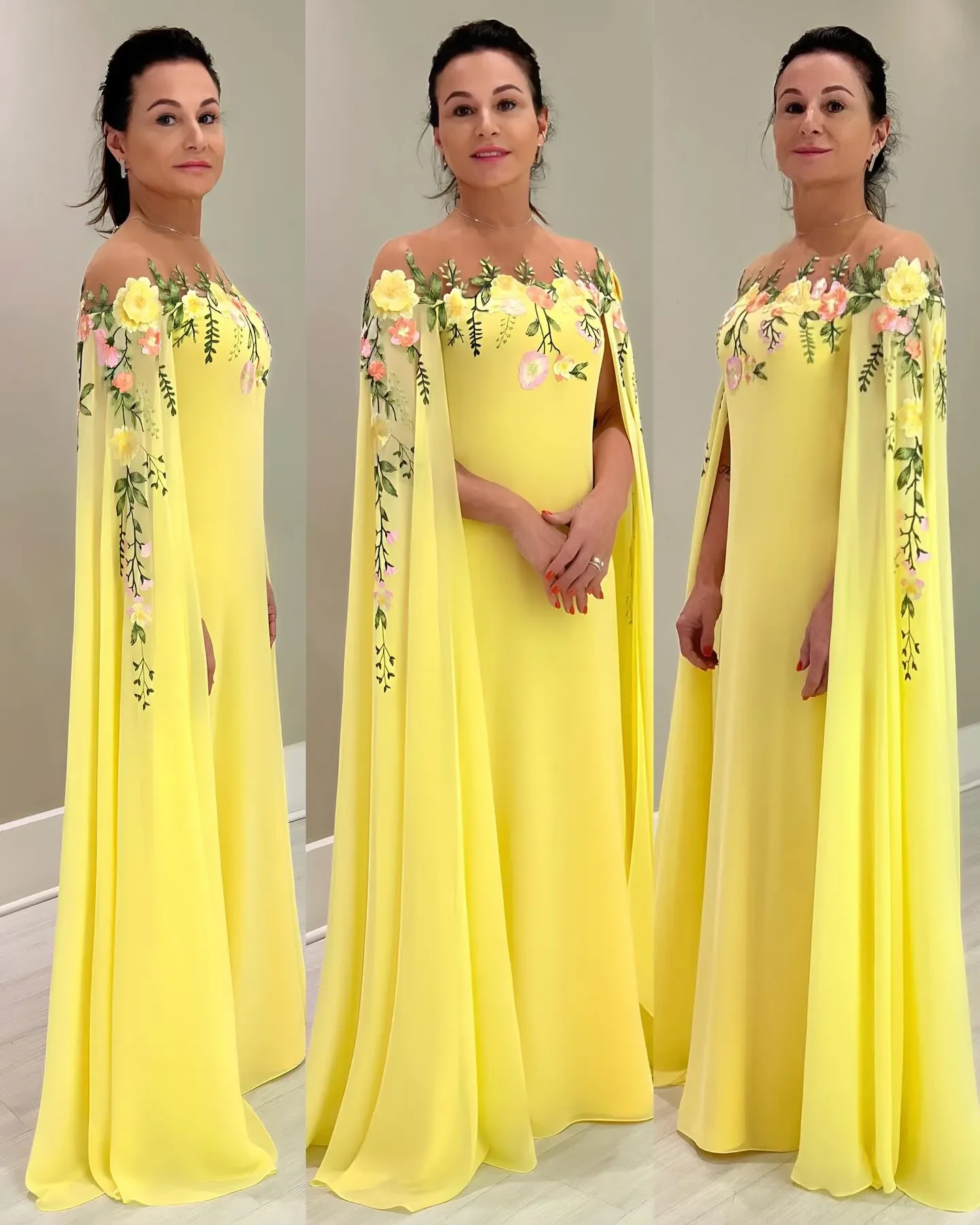Chic Yellow Mother of The Bride Dresses Embroidery Appliqued Leaf Wedding Guest Dress with Cape Floor Length Evening
