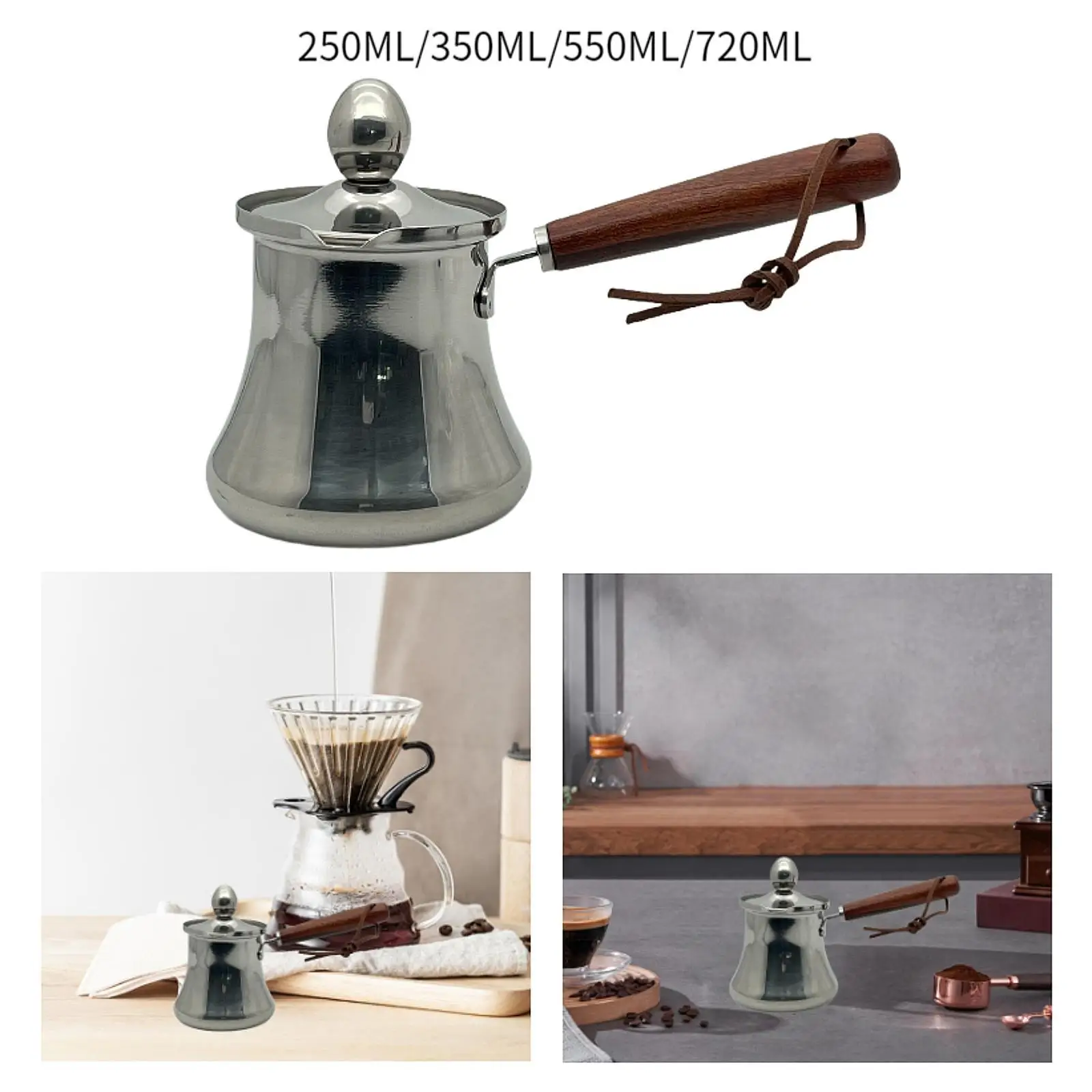 Turkish Coffee Pot Melting Pot with Lid with Wooden Handle with Spout Stovetop