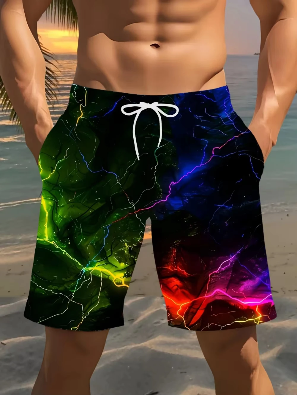 2026 Herren Sommer Strandshorts 3D-Druck Blitzmuster Freizeitshorts Badebekleidung Hawaiianische Urlaubsmode für Männer