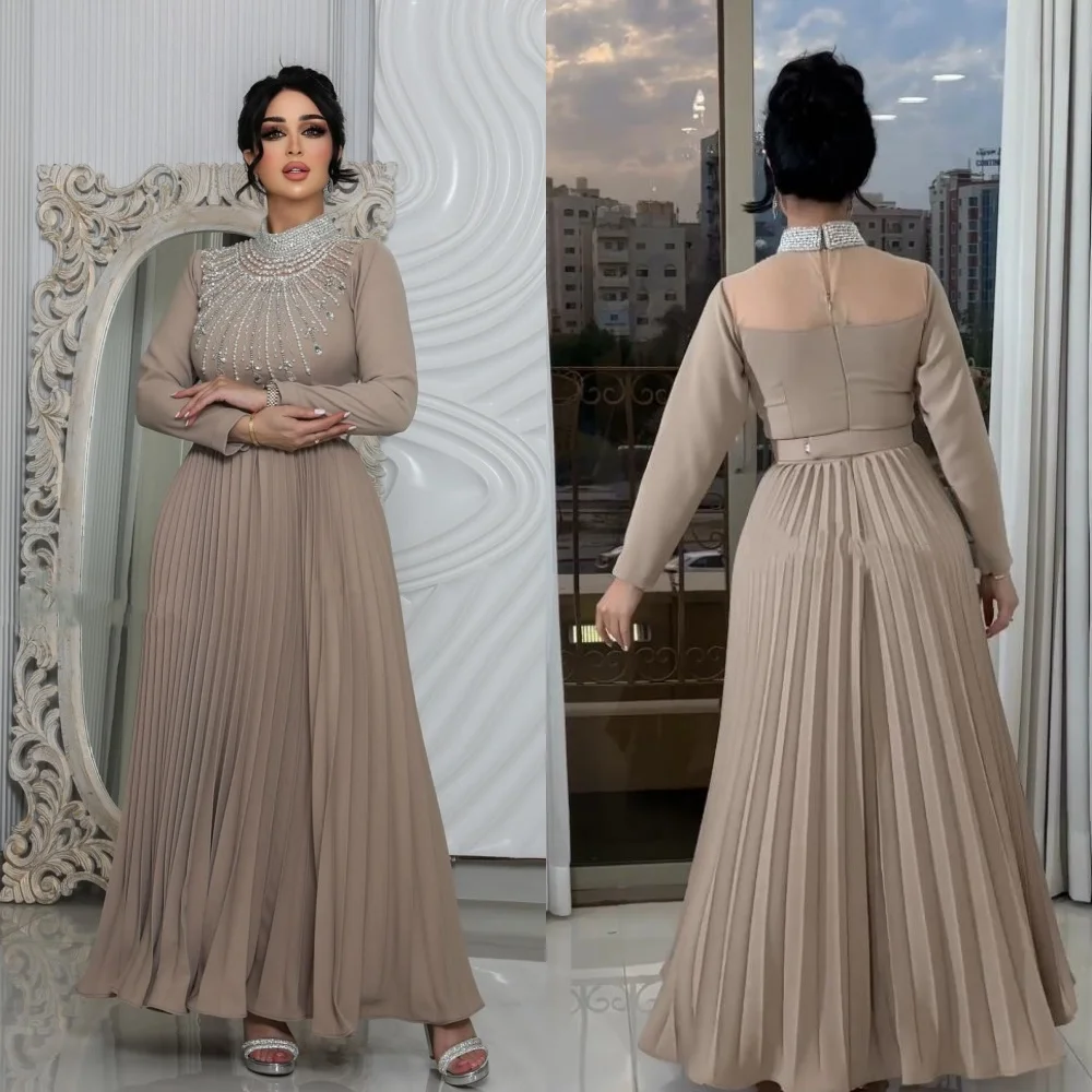  Evening Saudi Arabia Chiffon Beading Draped Pleat Wedding Party A-line High Collar Bespoke Occasion Gown Midi Dresses